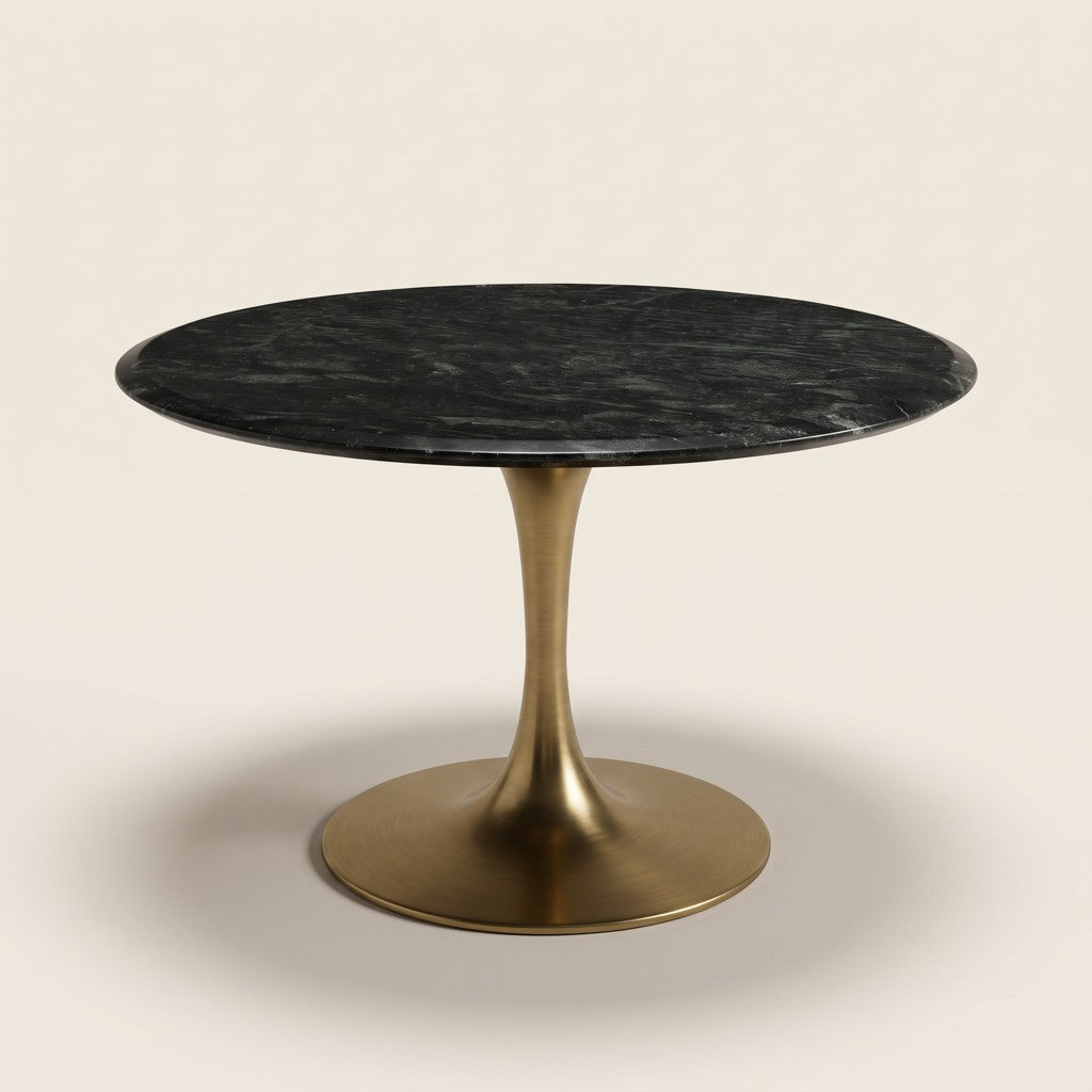 Round Black Marble Dining Table — Brass Tulip Base, studio view