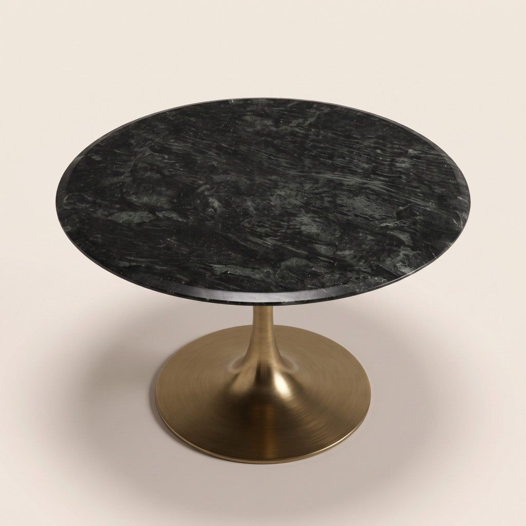 Round Black Marble Dining Table — Brass Tulip Base, three-quarter view