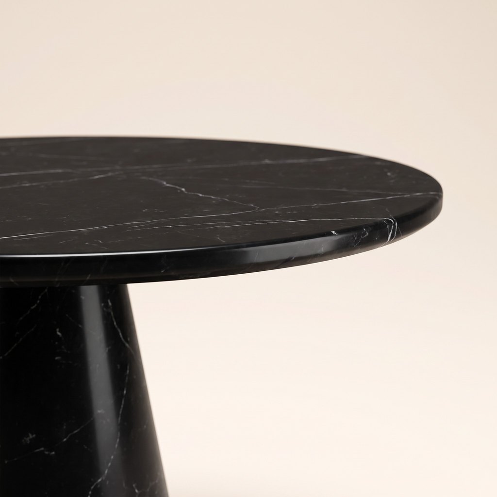 Round Black Marble Dining Table — Cone Pedestal, edge detail