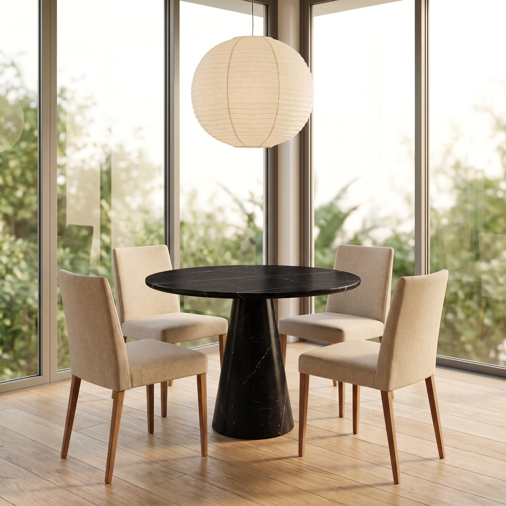Round Black Marble Dining Table — Cone Pedestal, in a dining room