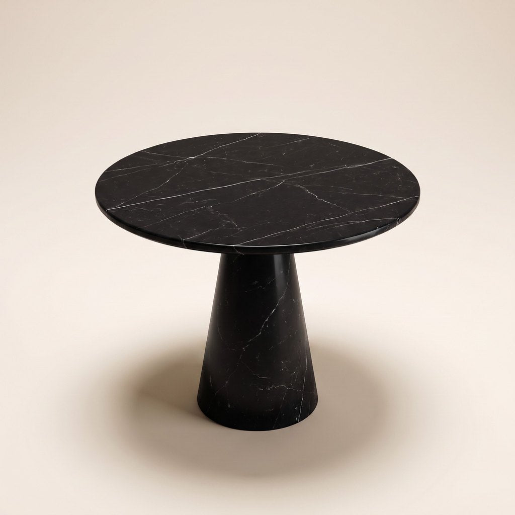 Round Black Marble Dining Table — Cone Pedestal, three-quarter view