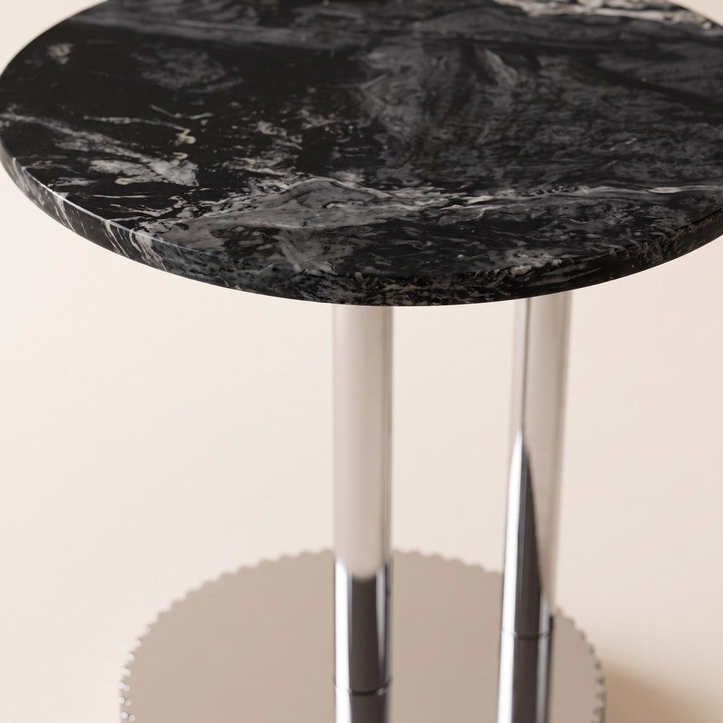 Round Black Marble Side Table — Chrome Pedestal, edge detail