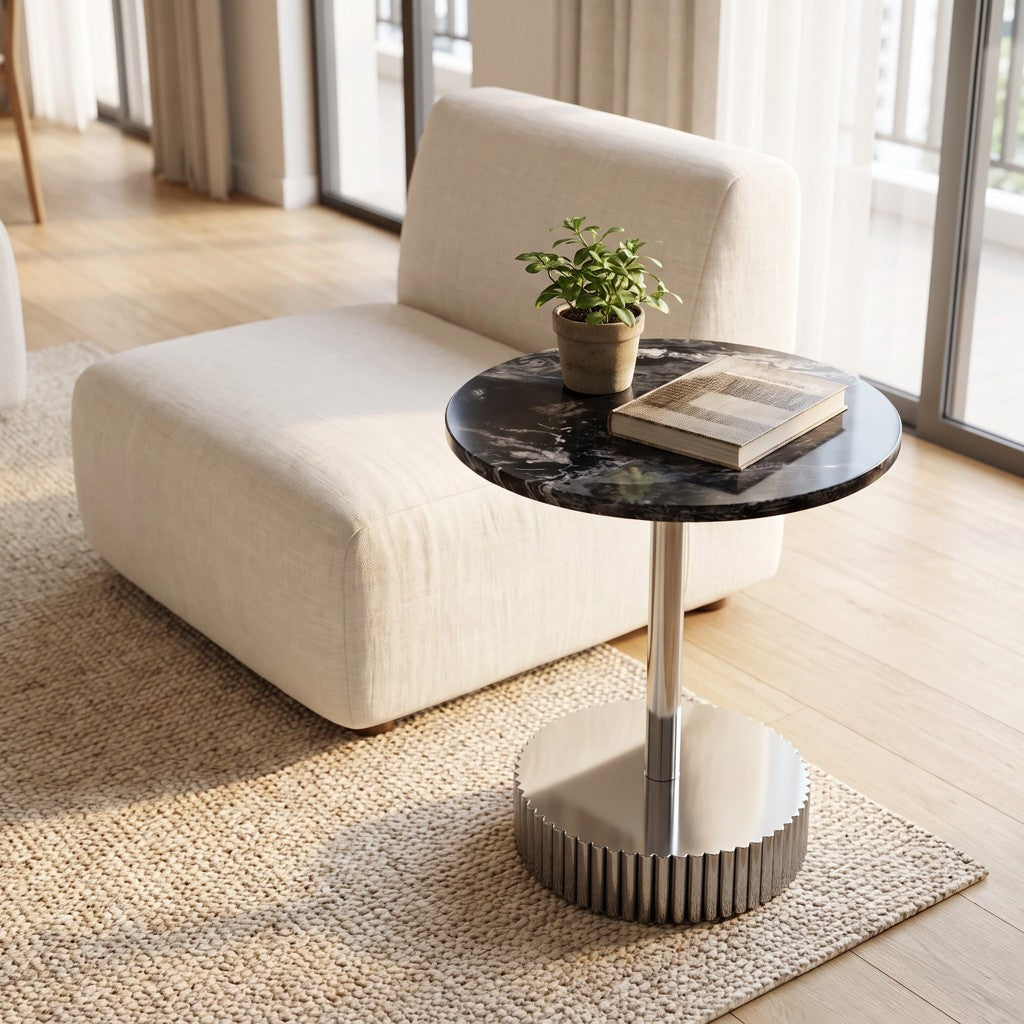 Round Black Marble Side Table — Chrome Pedestal, in a living room
