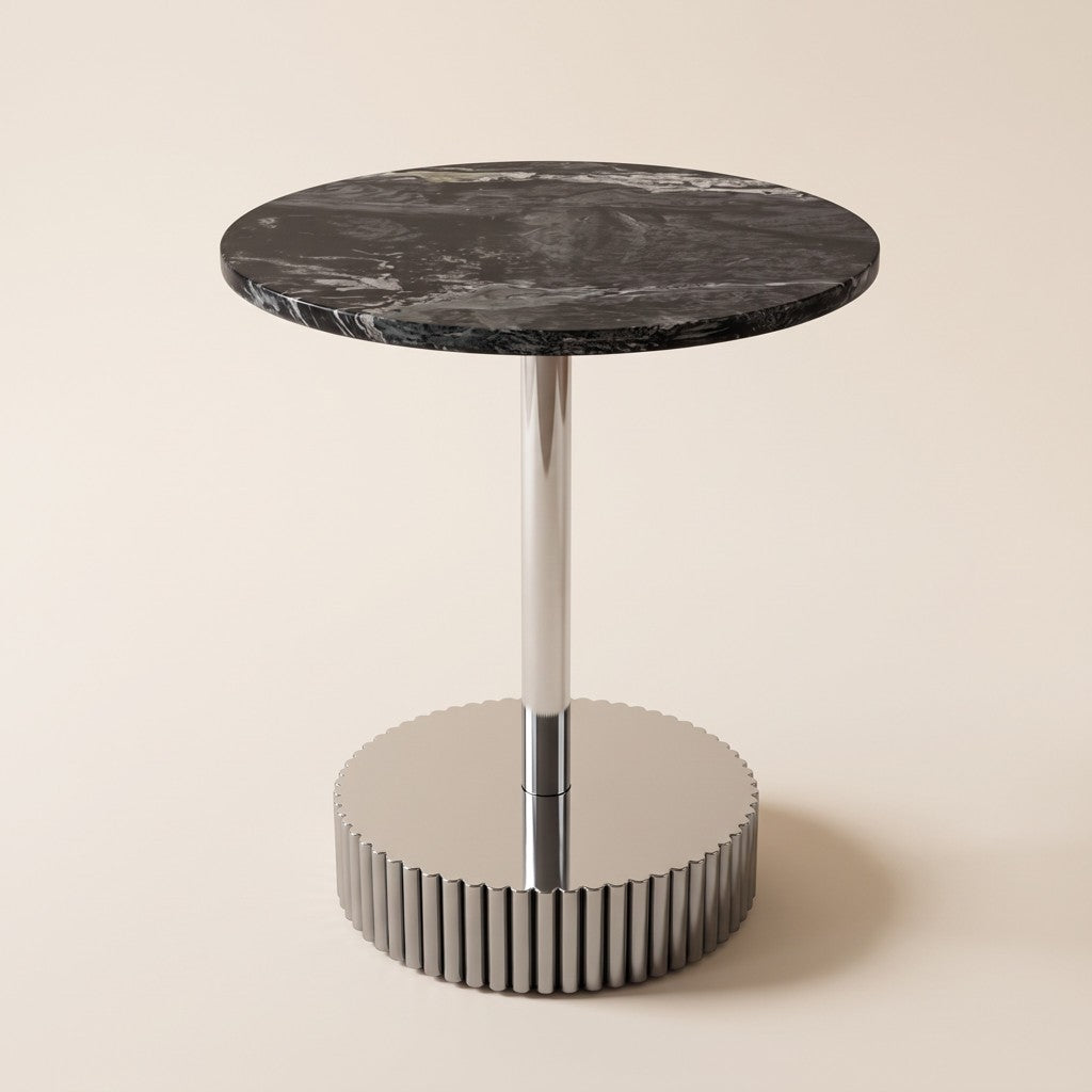 Round Black Marble Side Table — Chrome Pedestal, studio view