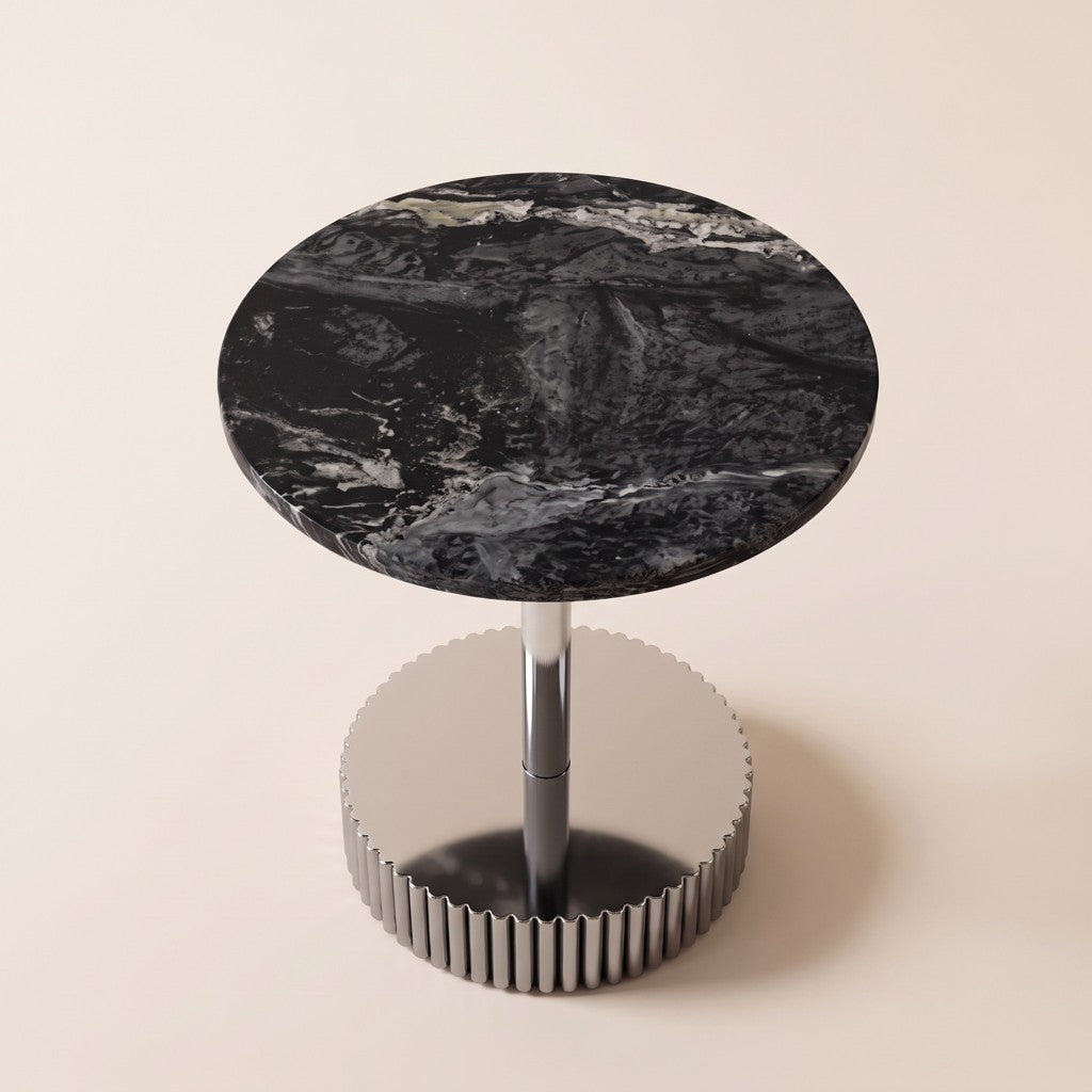 Round Black Marble Side Table — Chrome Pedestal, three-quarter view