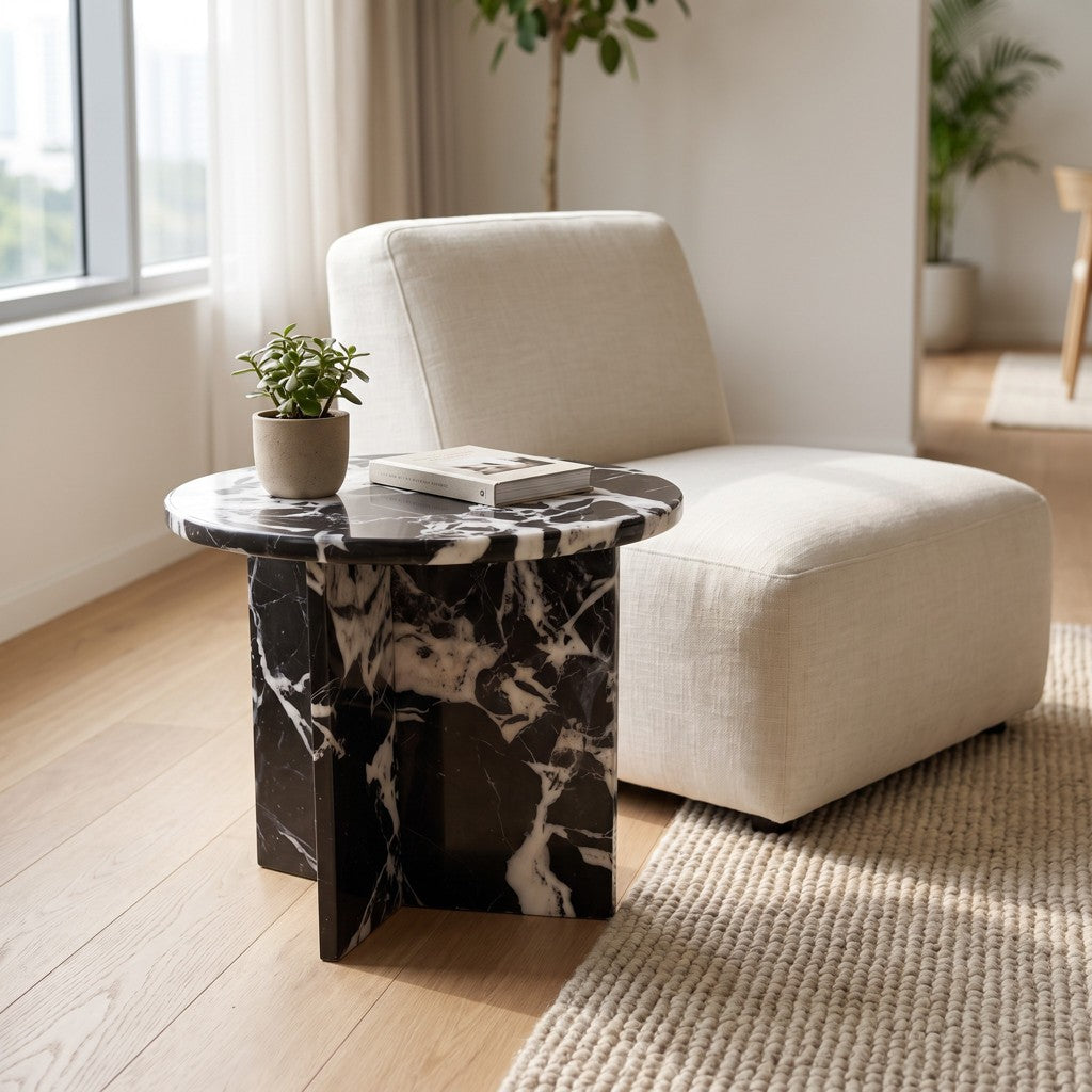 Round Black-and-White Marble Side Table — Cross Base, in a living room