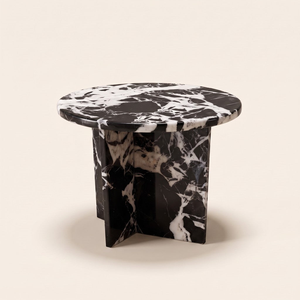 Round Black-and-White Marble Side Table — Cross Base, three-quarter view