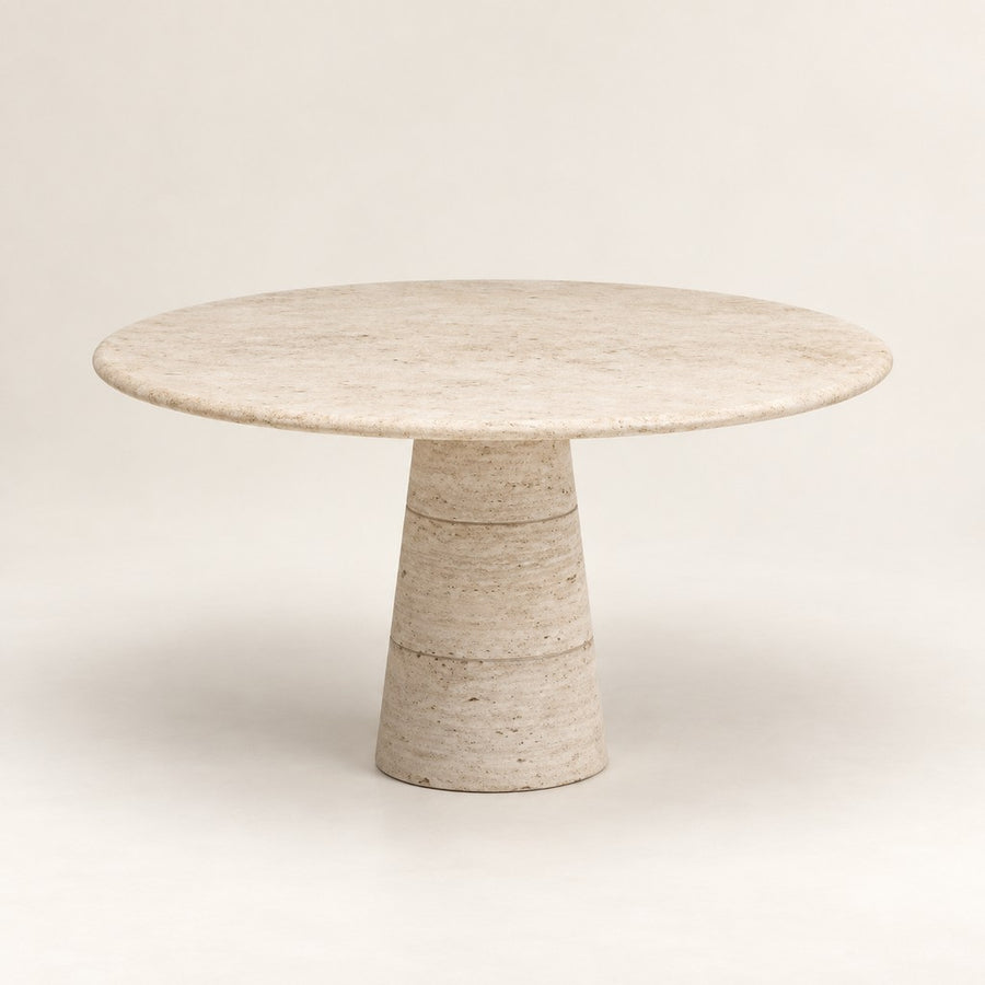 Round Travertine Dining Table — Cone Pedestal, 100 cm, beige travertine, studio view