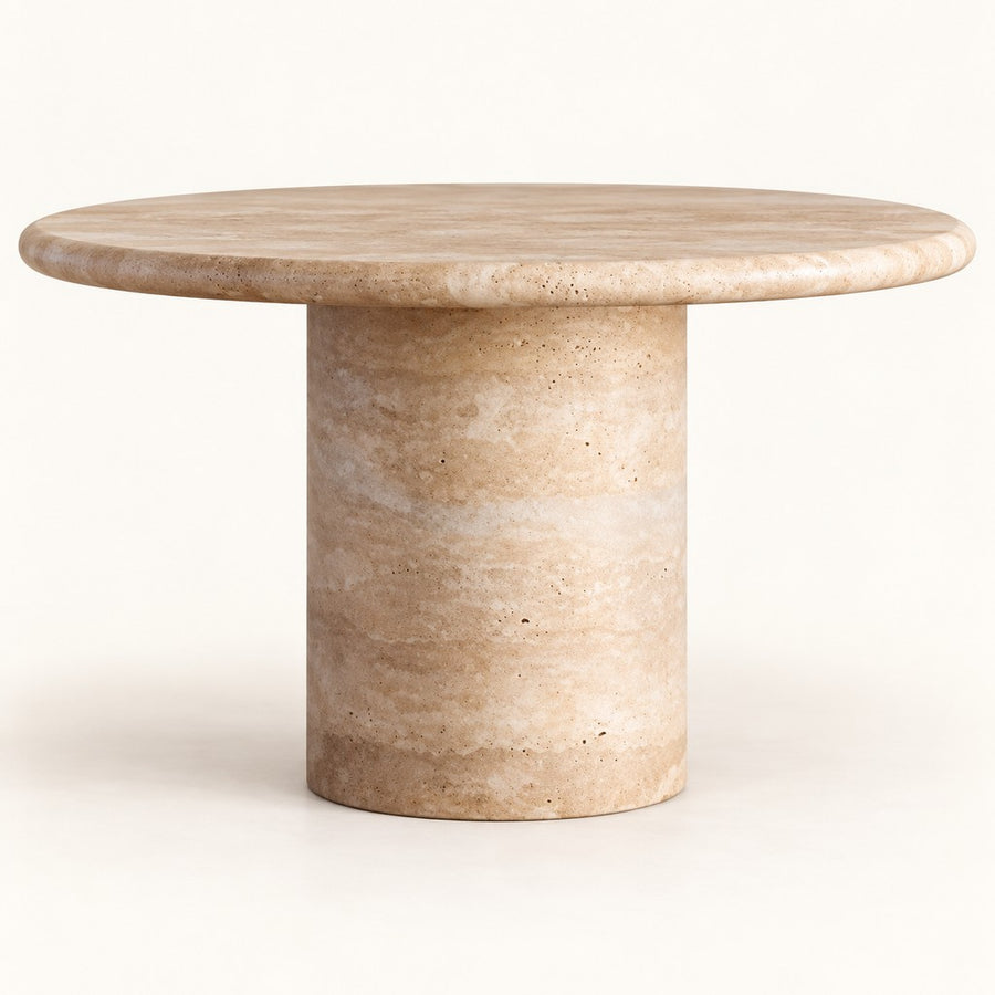 Round Travertine Dining Table — Drum Pedestal, beige travertine, studio view