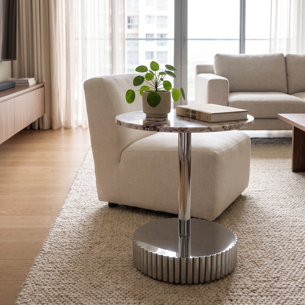 Round End Marble Side Table in a living room