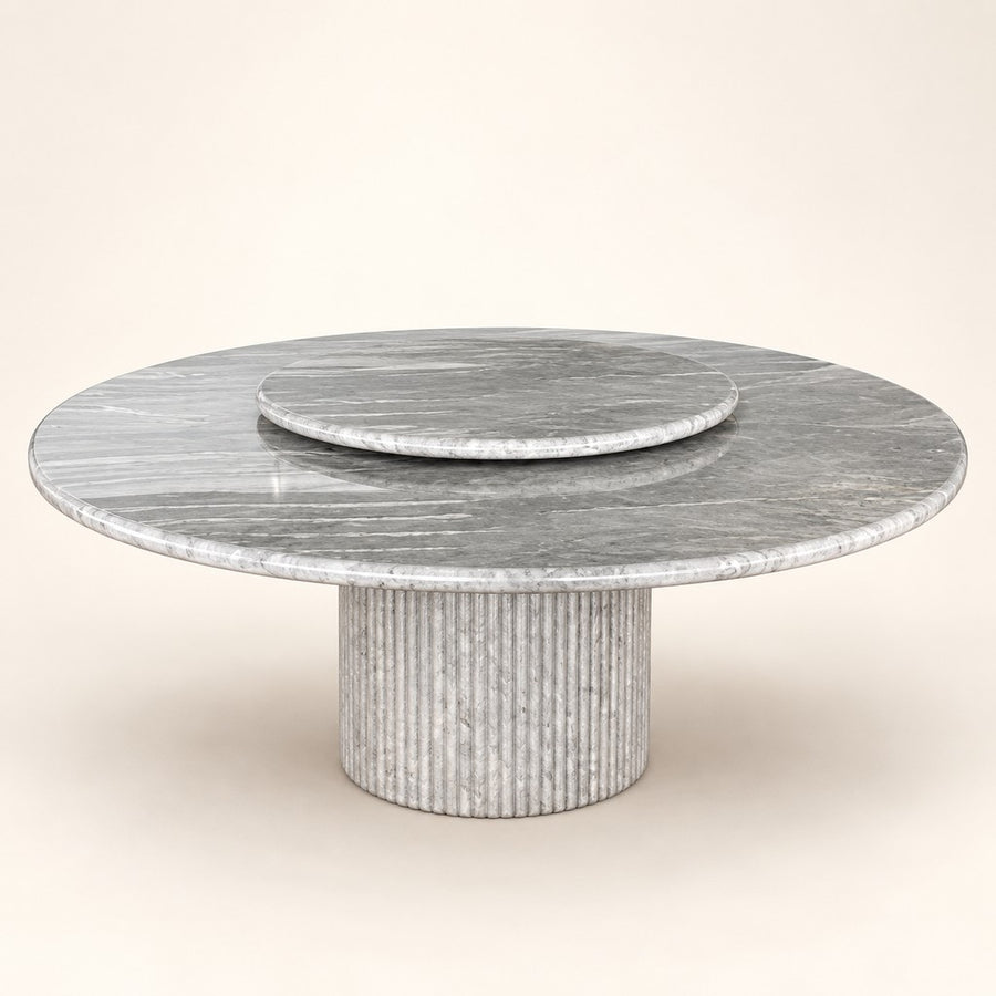 Round Marble Dining Table — Fluted Lazy Susan, grey marble, studio view