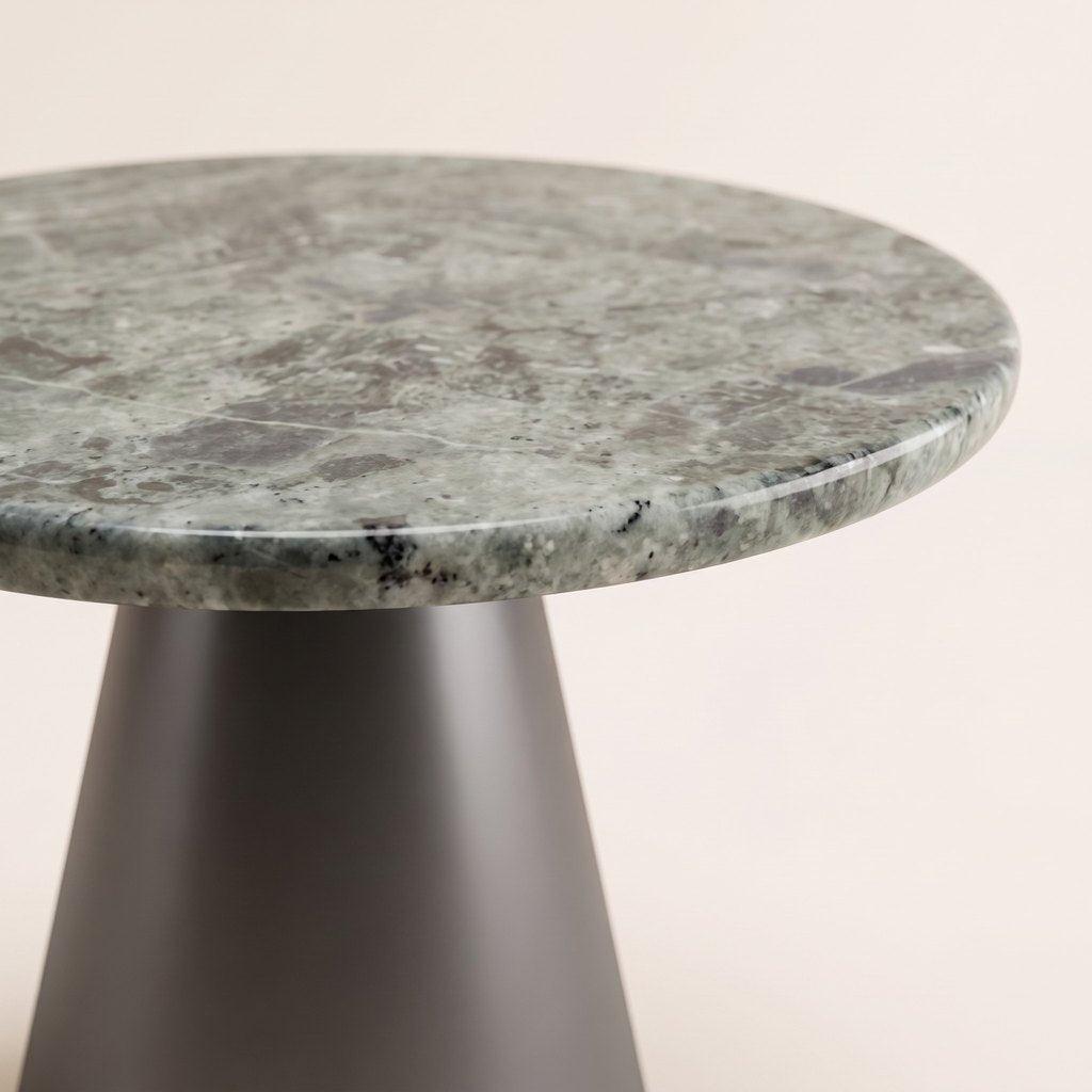 Round Green Marble Side Table — Cone Base, edge detail