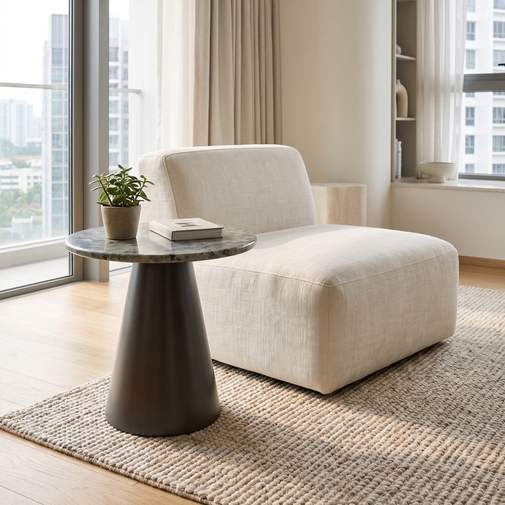 Round Green Marble Side Table — Cone Base, in a living room