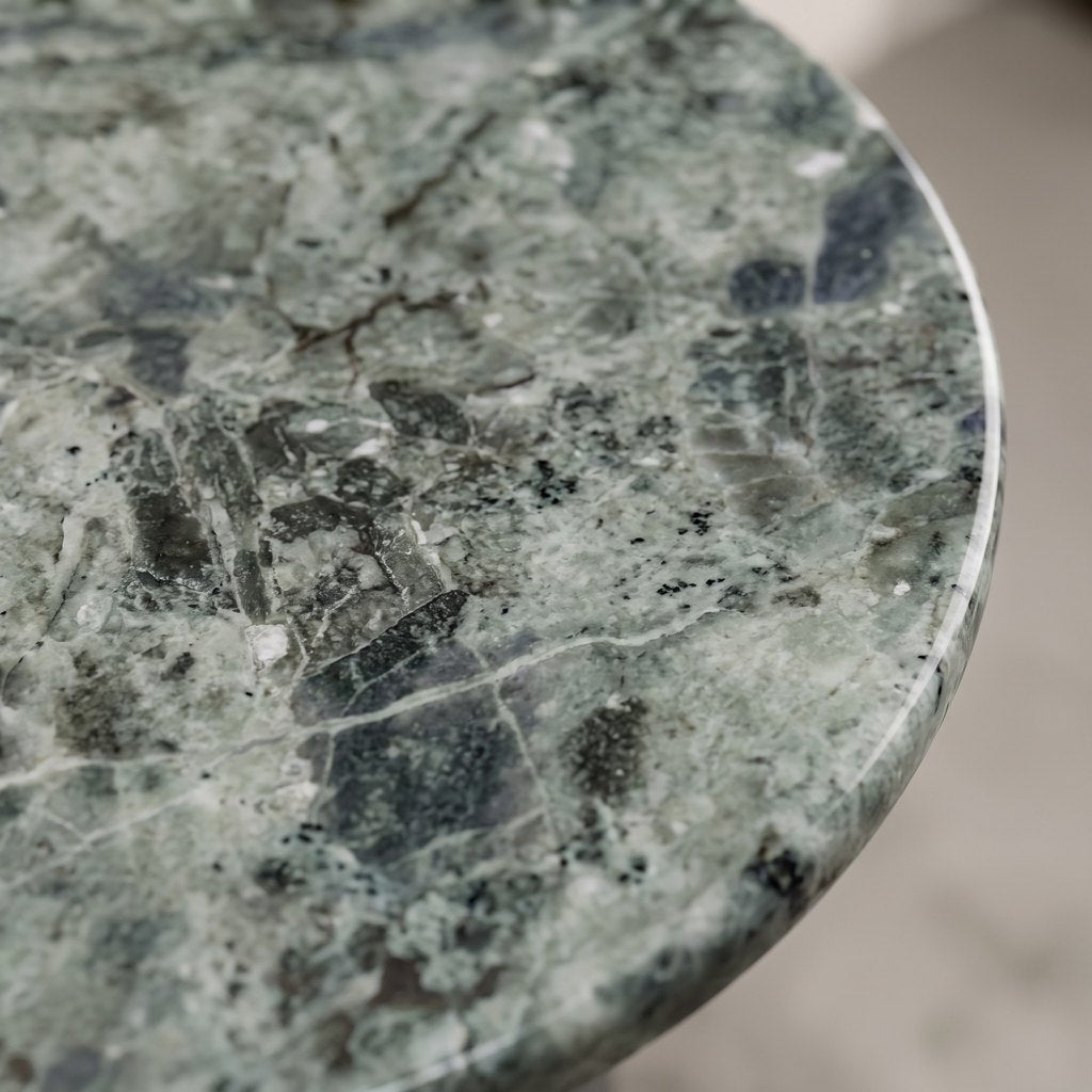 Round Green Marble Side Table — Cone Base: close-up of the green marble surface