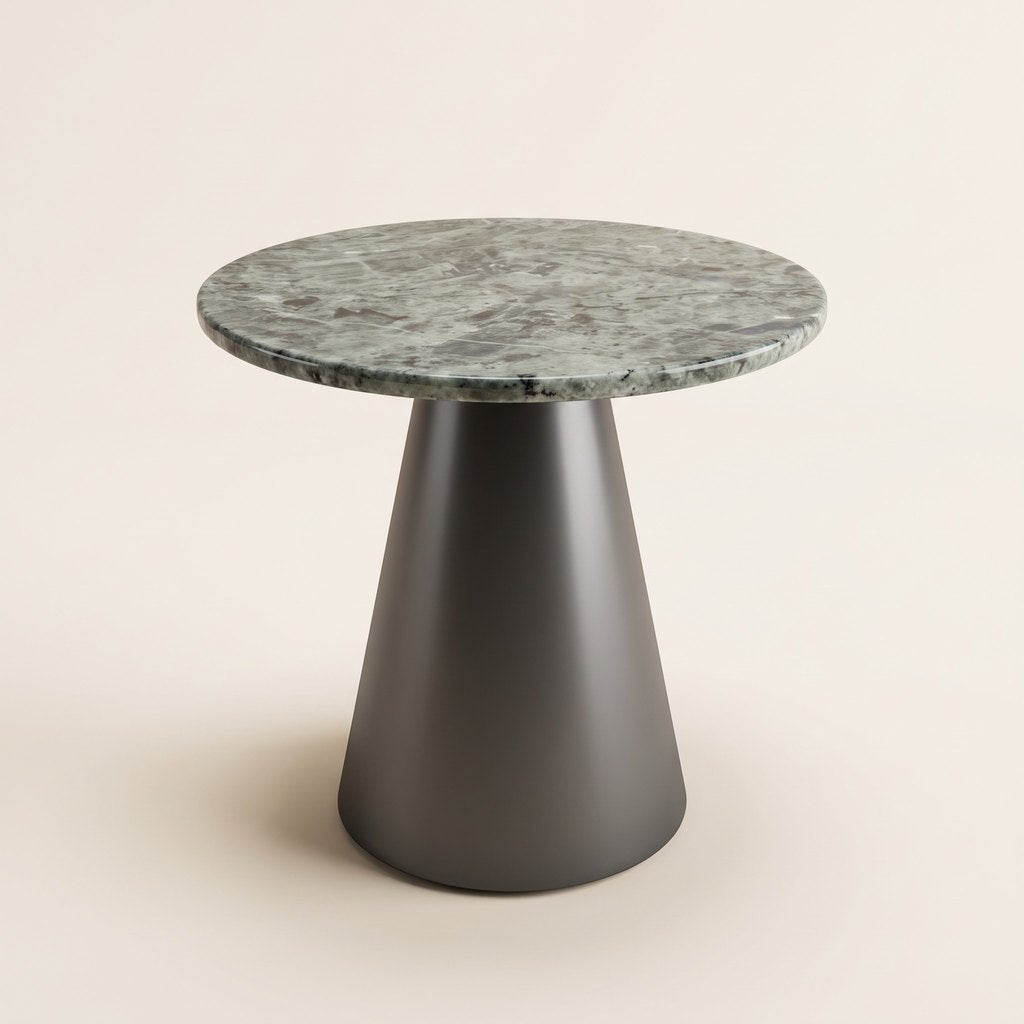 Round Green Marble Side Table — Cone Base, studio view