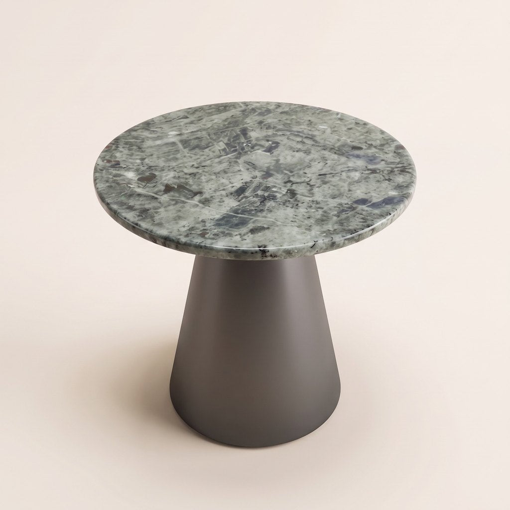 Round Green Marble Side Table — Cone Base, three-quarter view