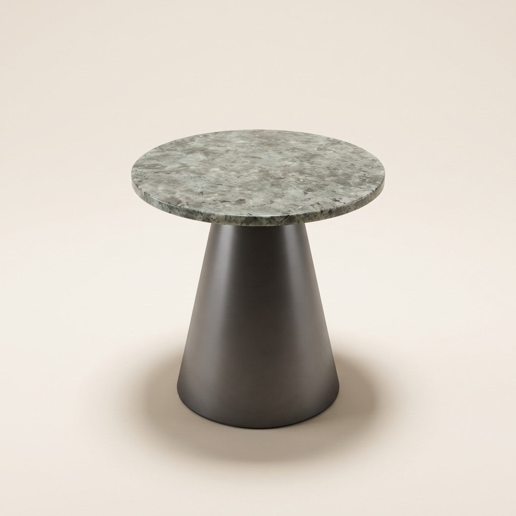 Round Grey Stone Side Table — Cone Base, studio view