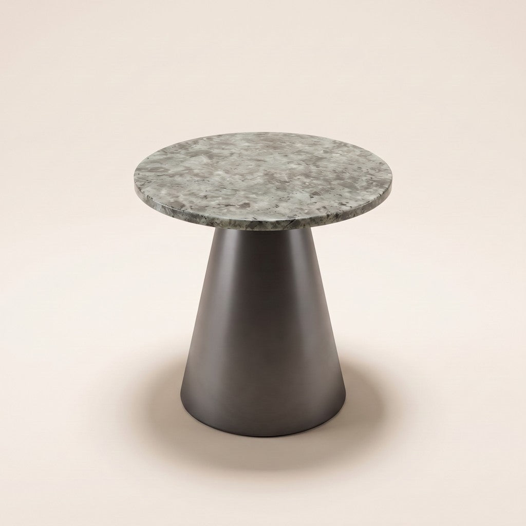 Round Grey Stone Side Table — Cone Base, three-quarter view