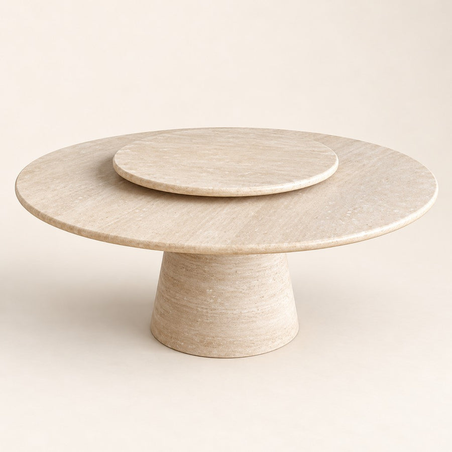 Round Travertine Dining Table — Lazy Susan, beige travertine, studio view