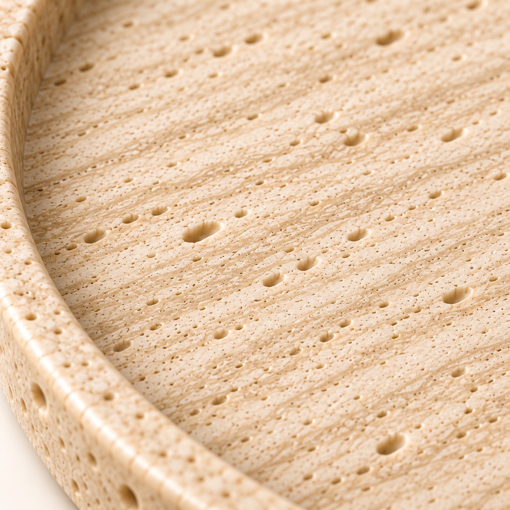 Round Tray — Low Rim: close-up of the Beige Travertine surface