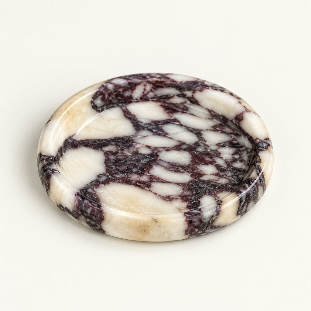 Round Jewelry Dish in Calacatta Viola, studio view