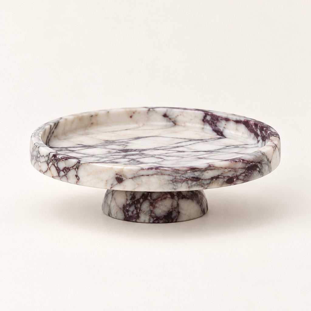 Round Tray with Round Base in Calacatta Viola, studio view