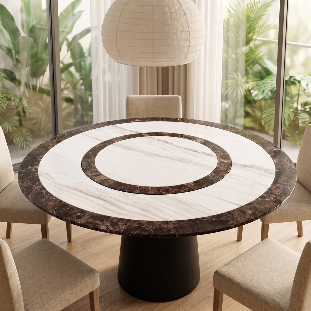 Round Inlaid Stone Dining Table in a dining room