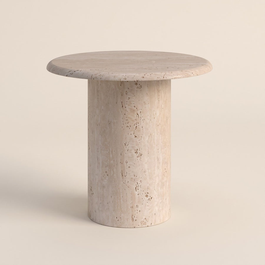 Round Travertine Coffee Table — 50 × 47 cm, studio view