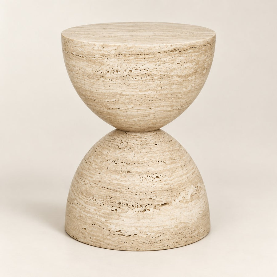Round Travertine Side Table — 40 × 50 cm, beige travertine, studio view