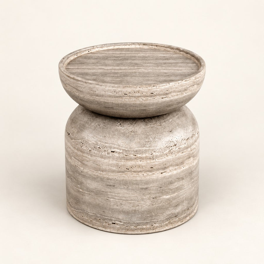 Round Travertine Side Table — 50 × 45 cm, grey travertine, studio view