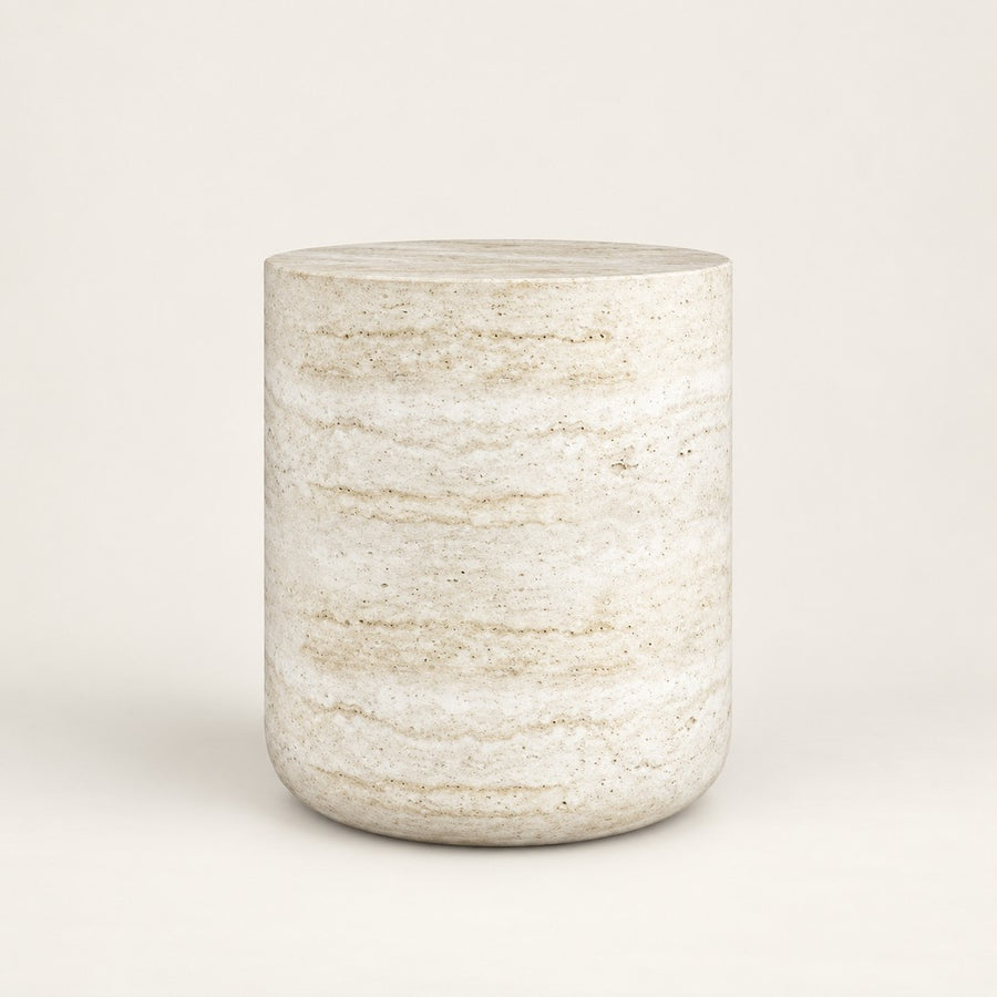 Round Travertine Side Table — 60 × 68 cm, studio view