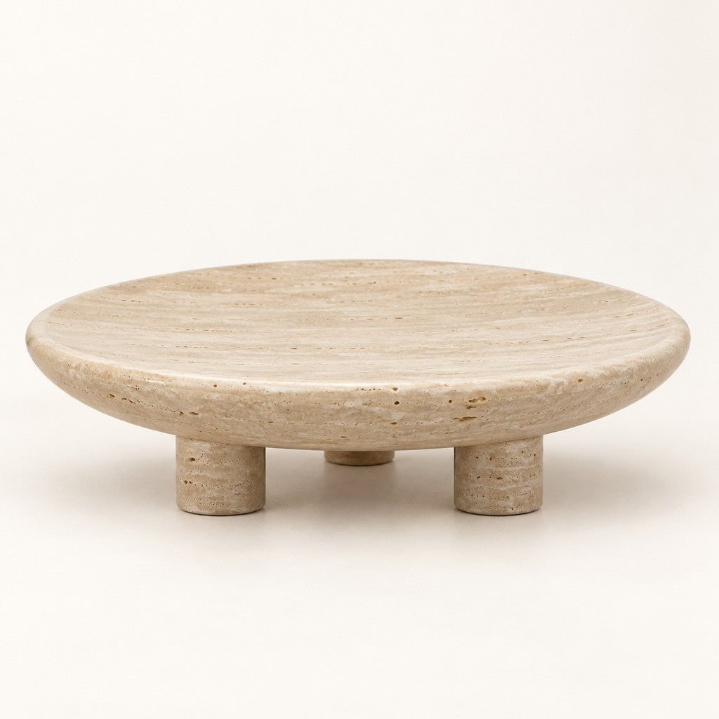 Round Tray with 3 Legs in Beige Travertine, studio view