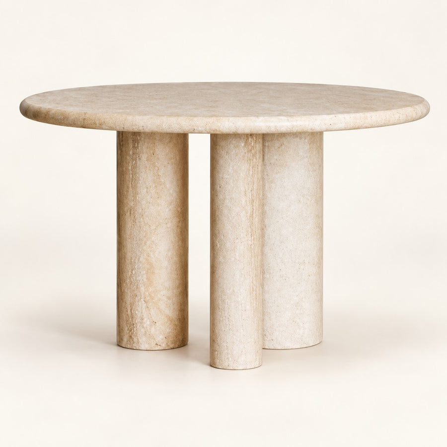 Round Travertine Dining Table — Three Column Legs, 100 cm, beige travertine, studio view