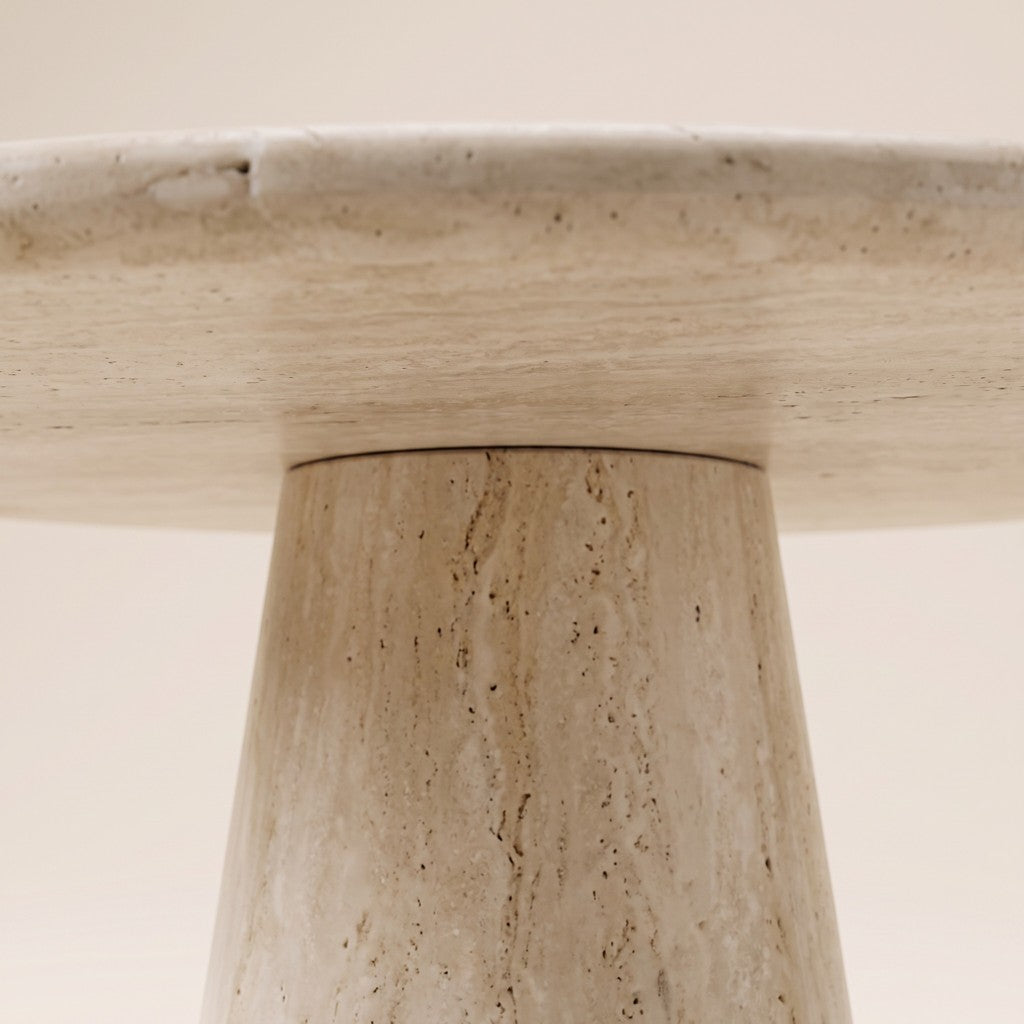 Round White Travertine Dining Table — Cone Pedestal, edge detail