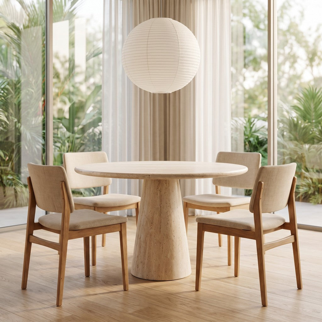 Round White Travertine Dining Table — Cone Pedestal, in a dining room