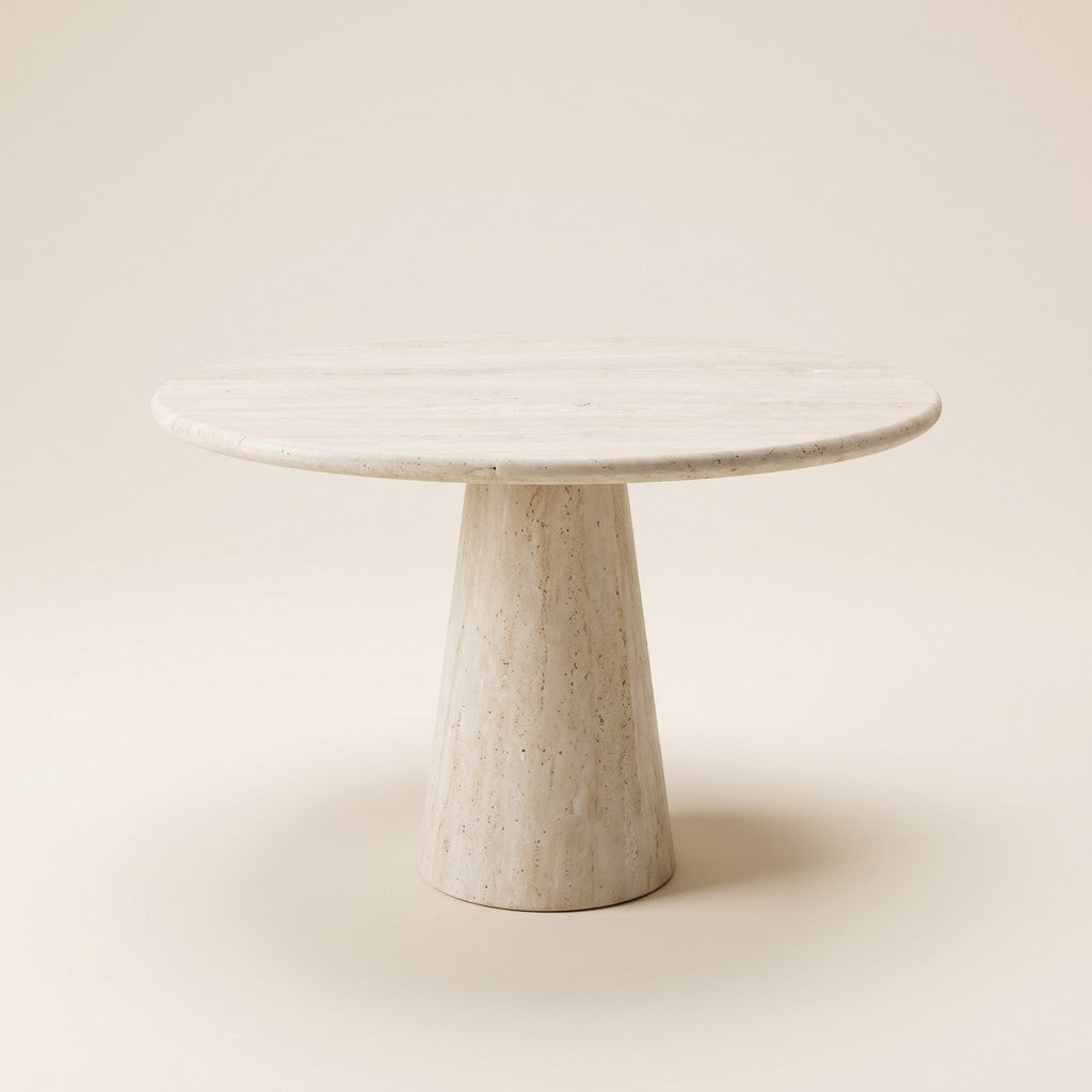 Round White Travertine Dining Table — Cone Pedestal