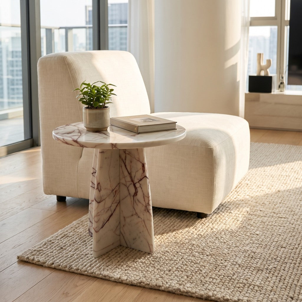Round White Veined Stone Side Table — Cross Base, in a living room