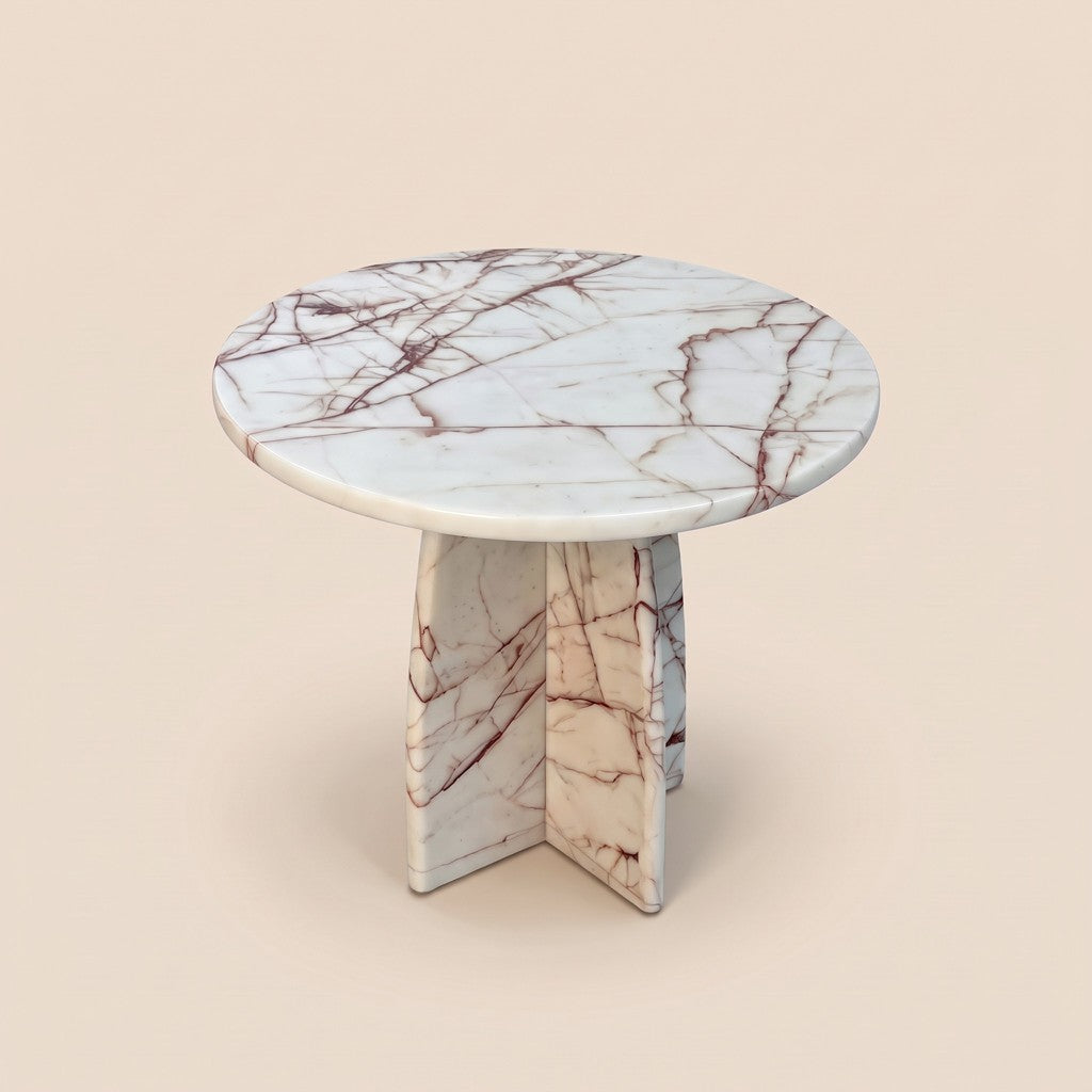 Round White Veined Stone Side Table — Cross Base, three-quarter view