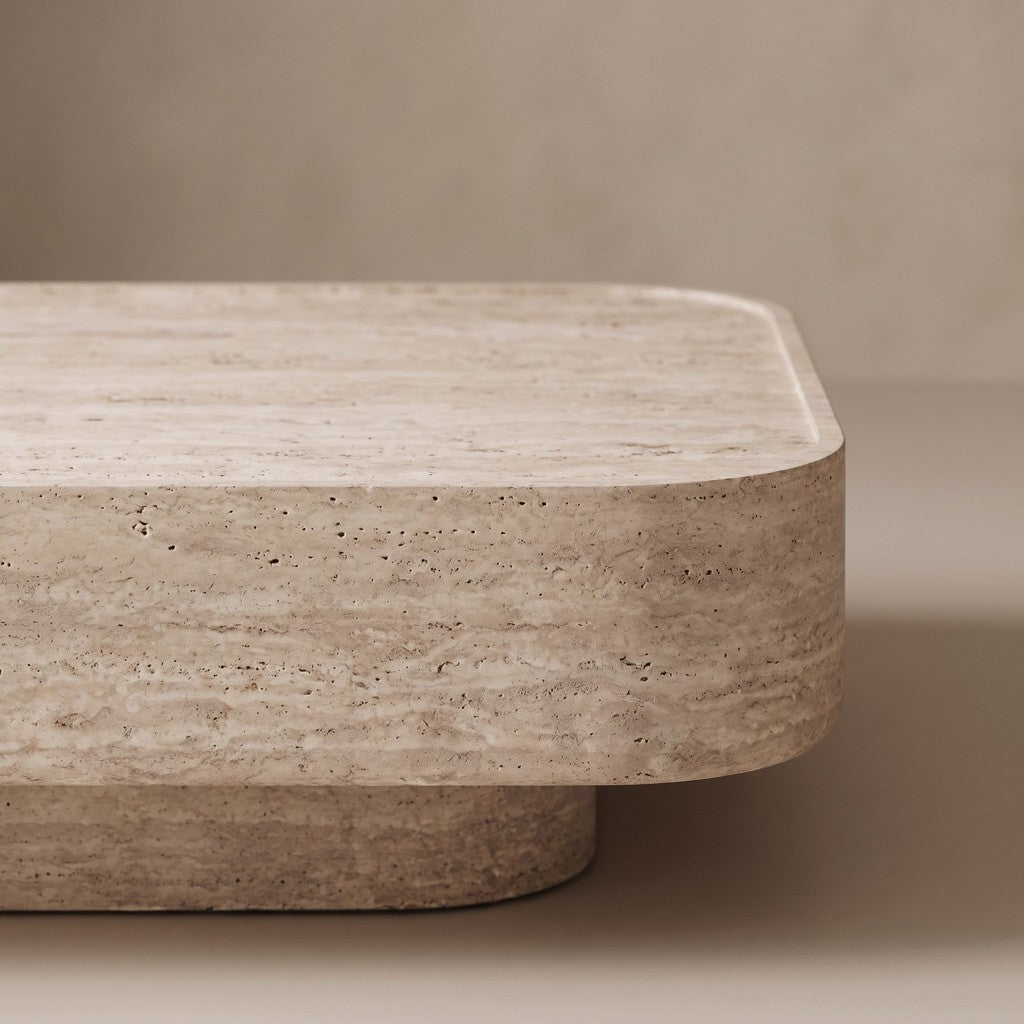 Rounded Rectangular Travertine Coffee Table, edge detail