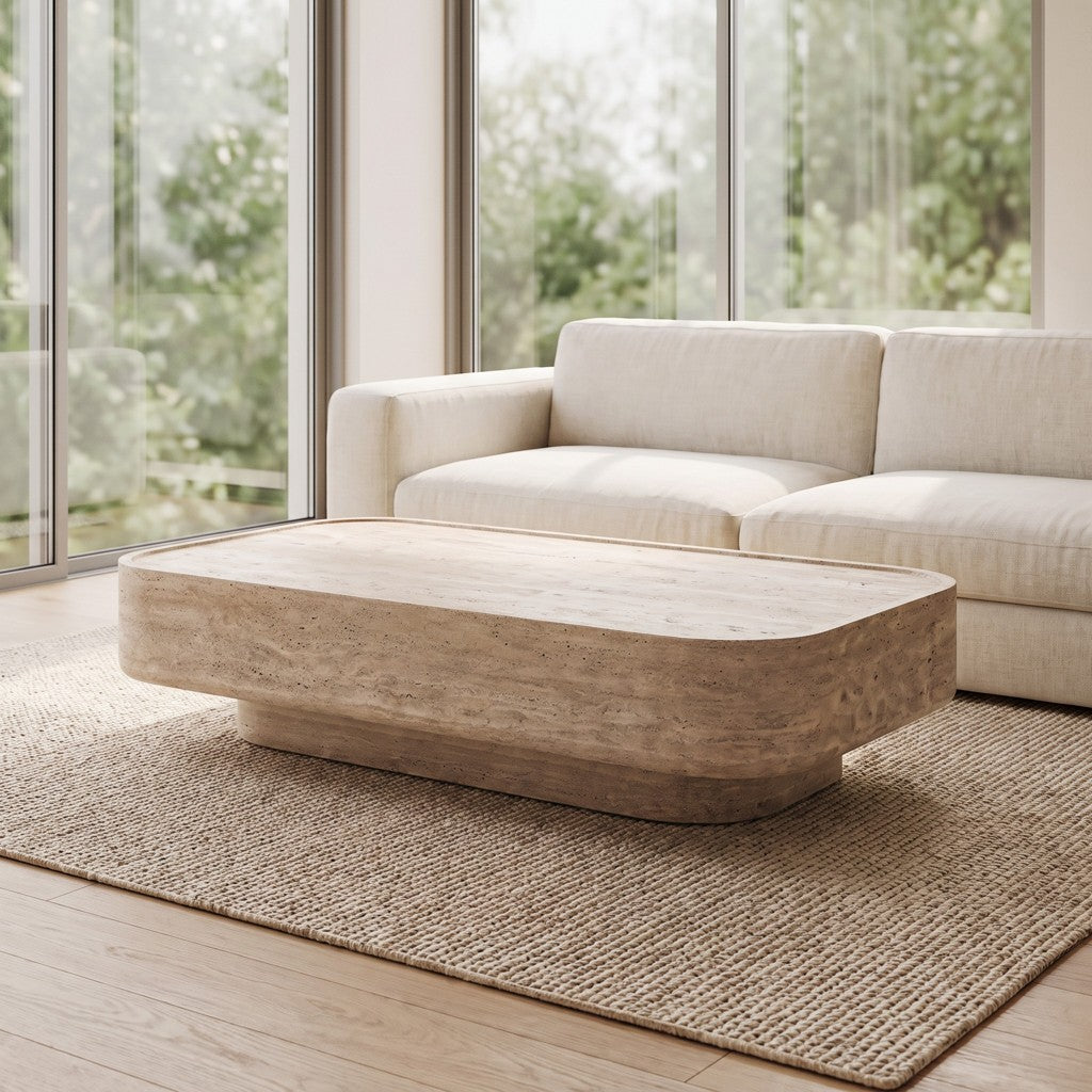 Rounded Rectangular Travertine Coffee Table in a living room