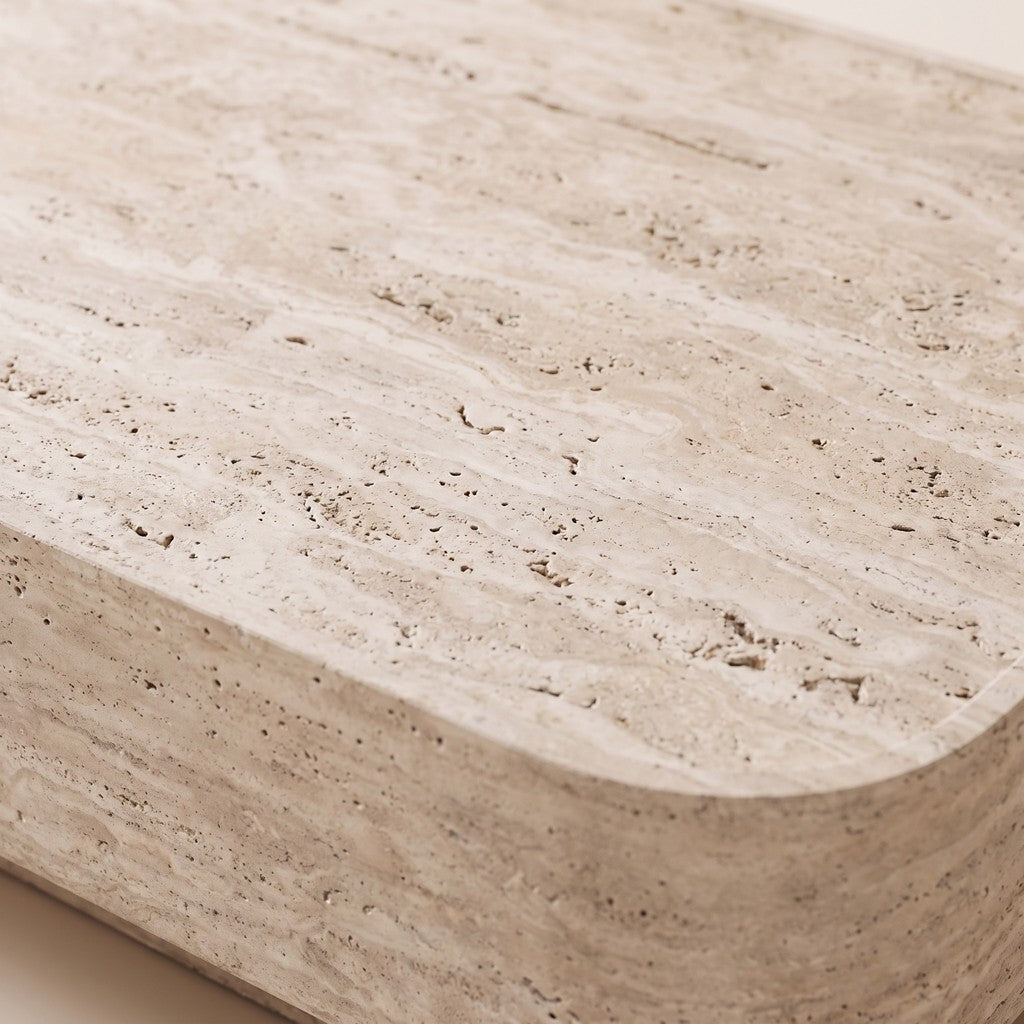 Rounded Rectangular Travertine Coffee Table: close-up of the stone surface