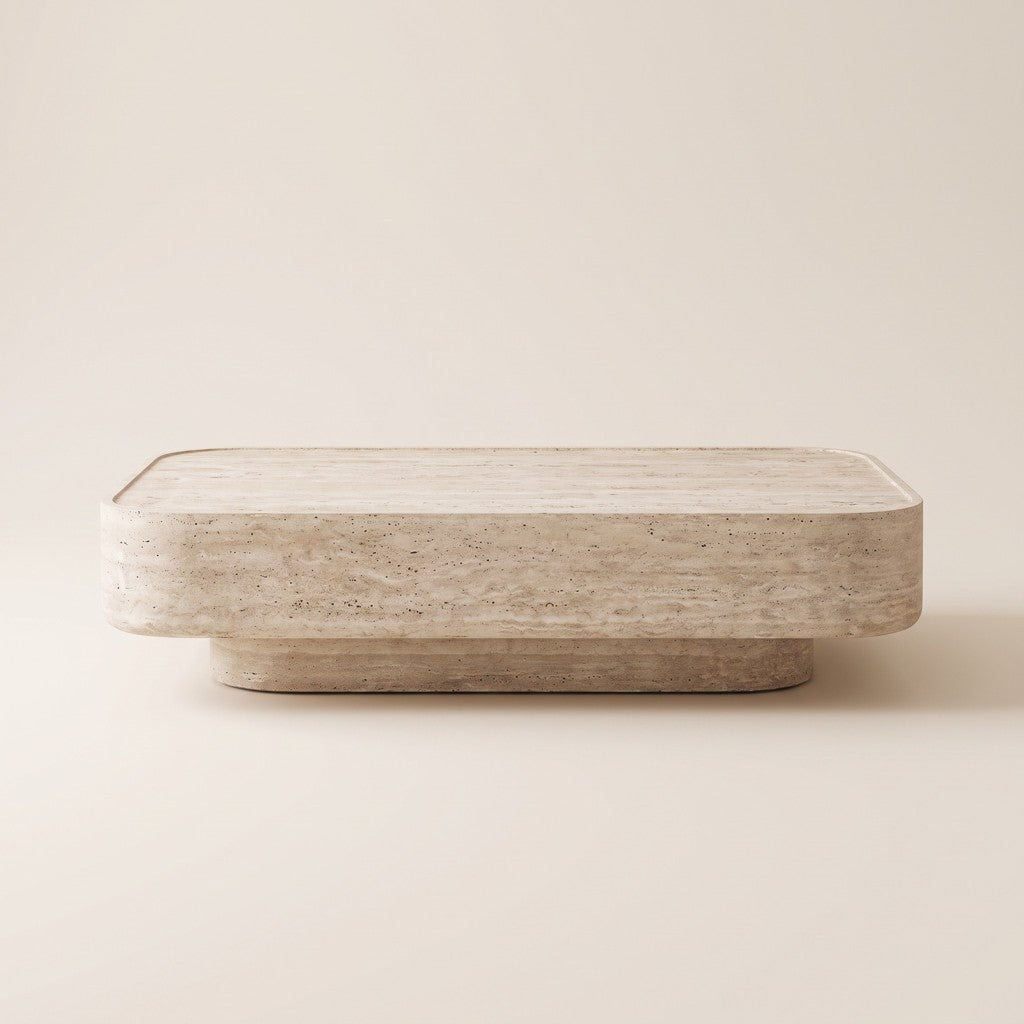 Rounded Rectangular Travertine Coffee Table, studio view