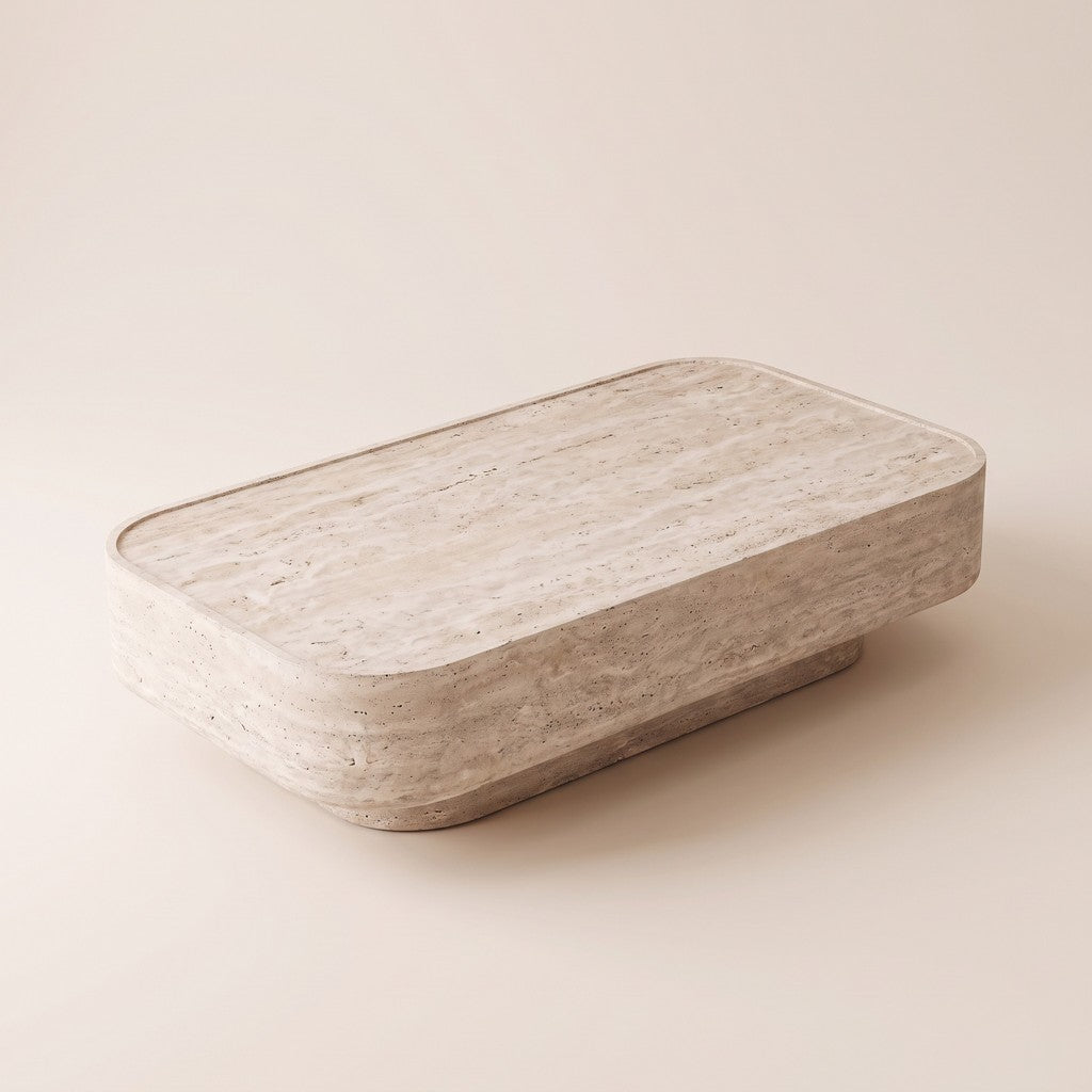 Rounded Rectangular Travertine Coffee Table, three-quarter view