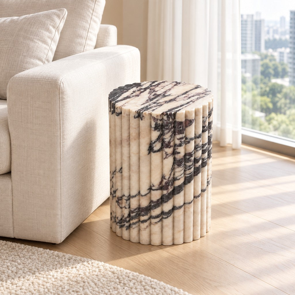 Scalloped Round Plinth Side Table in a Singapore living room