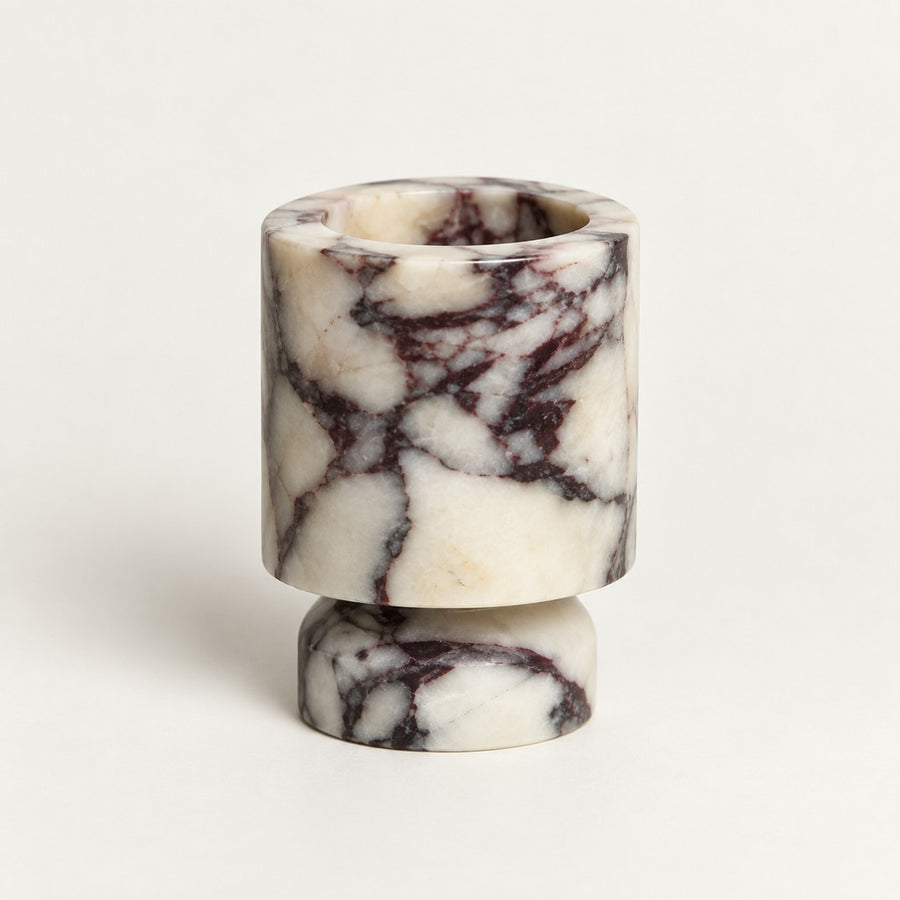 Short Cylinder Candle Holder in Calacatta Viola, studio view