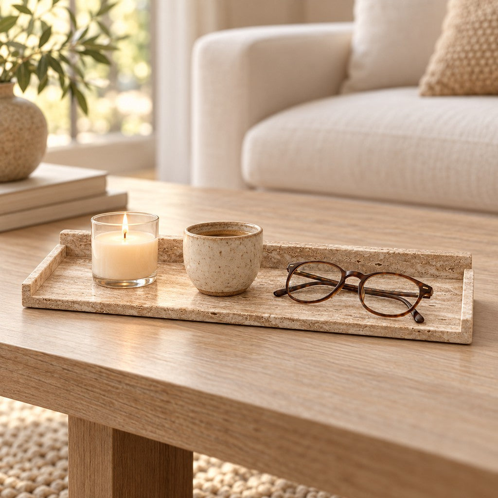 Slim Raised-Back Rectangular Tray in a living room