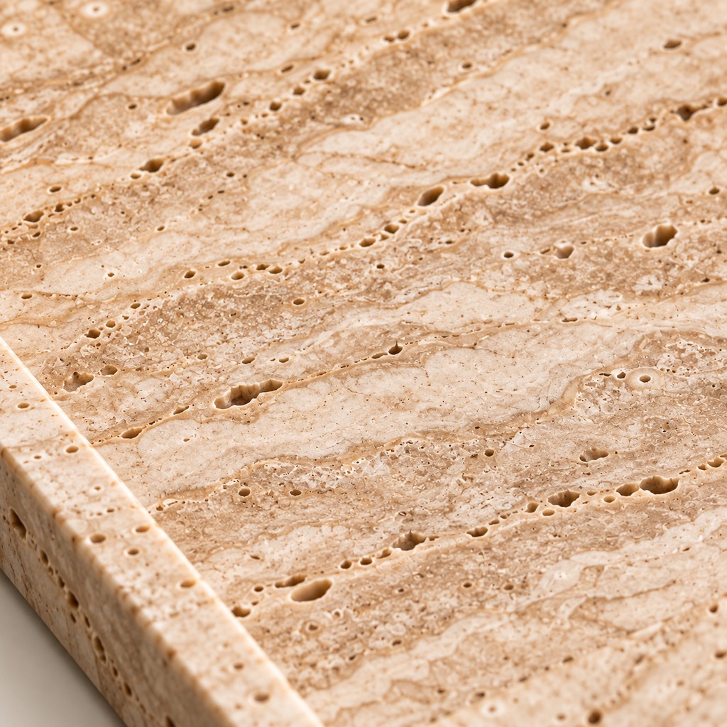 Slim Raised-Back Rectangular Tray: close-up of the Beige Travertine surface