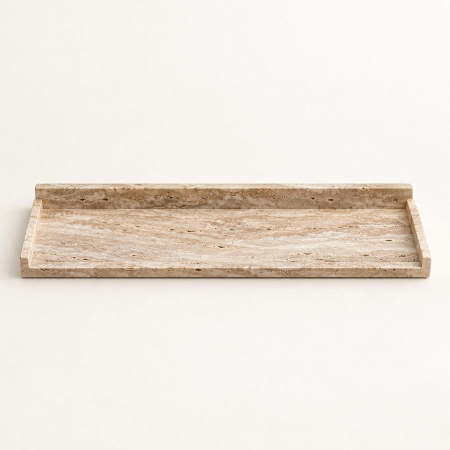 Slim Raised-Back Rectangular Tray in Beige Travertine, studio view