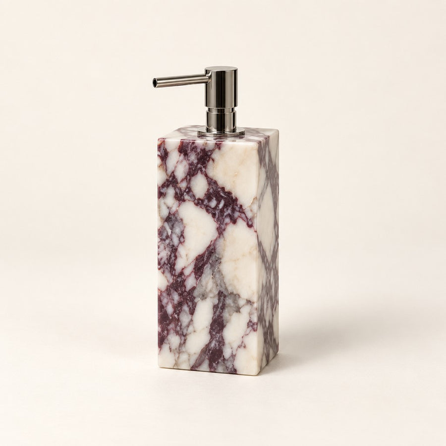 Slim Rectangular Liquid Soap Dispenser in Calacatta Viola, studio view