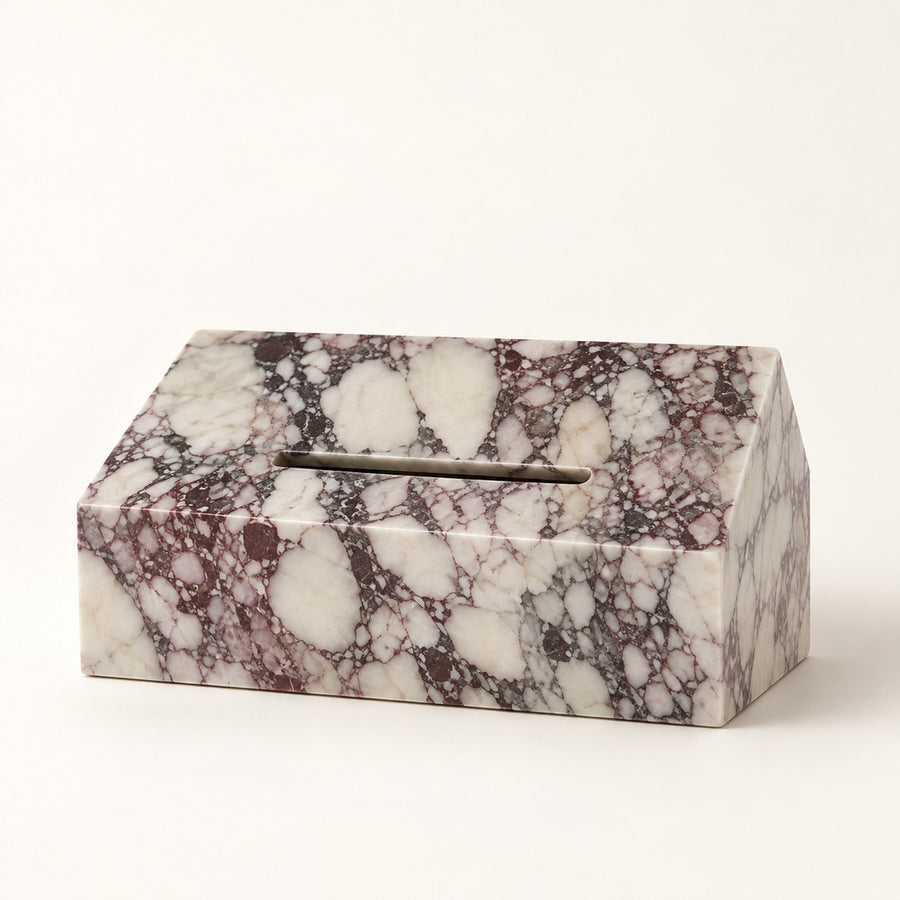 Sloped Rectangular Tissue Box in Calacatta Viola, studio view